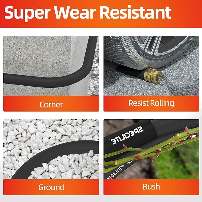 SPECILITE Garden Water Hose 150 ft x 3/4 in Heavy Duty, Flexible and Lightweight, Burst 600 psi, Kink-less Hybrid Rubber Pipe for Backyard, 3/4'' Brass Fittings, Black
