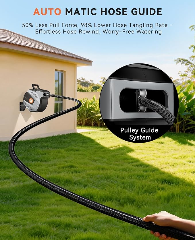 SUNPOW Retractable Garden Hose Reel - 1/2 inch x 50ft Wall Mounted Hose Reel with 3/4 inch Brass Fitting & 10 Function Sprayer Nozzle - Any Length Lock, Auto Rewind System, 180°Swivel Bracket - Grey