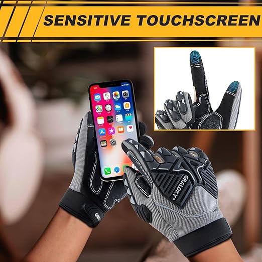 Safety Work Gloves Men Women, TPR Impact Gloves for Men Women, Anti-Vibration Gloves, Touch Screen Heavy Duty Work Glove for Gardening Construction Mechanic, Leather Tactical Glove, Large