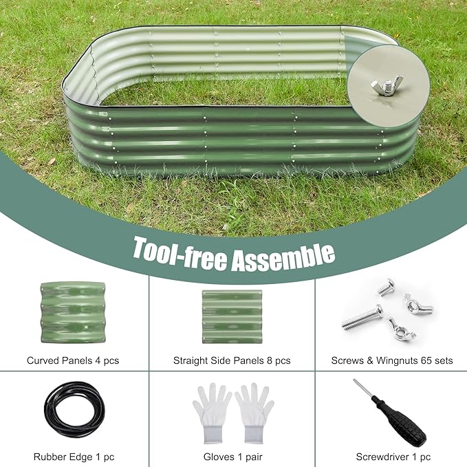 2-Pack Galvanized Steel Raised Garden Beds 8x2ft Oval - 17" Tall 9-in-1 Modular Planter Boxes for Vegetables/Flowers, Rust-Proof Metal Outdoor Planters with Rubber Edging (Green, Set of 2)