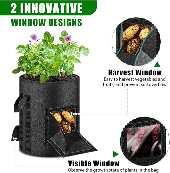 MJZ 3 Pack 15 Gallon Potato Grow Bags with Harvest Observation Windows, 380G Thickened Potato Bags for Growing Potatoes, Heavy Duty Nonwoven Fabric Garden Growing Containers to Grow Vegetable Tomatoes