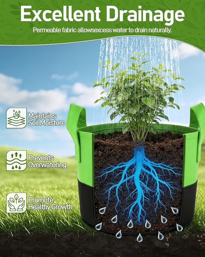 joyhalo 5-Pack 5 Gallon Garden Grow Bags, 350G Thickened Nonwoven Fabric Pots with Handles, Heavy Duty Planting Bags for Tomato, Potato and Vegetable, 5-Color Plant Labels