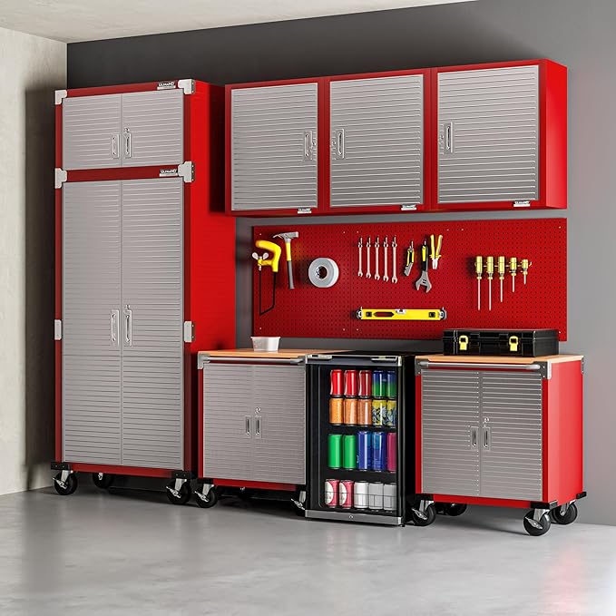 Seville Classics UltraHD Heavy Duty Rolling Cabinet Workbench Table w/Solid Wood Top, Workstation for Garage, Office, Workshop, Red, 2-Door (28" W x 18" D)