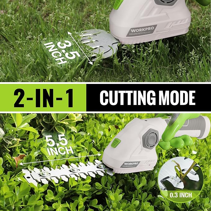 WORKPRO Cordless Grass Shear & Shrubbery Trimmer - 2 in 1 Handheld Hedge Trimmer 7.2V Electric Grass Trimmer Hedge Shears/Grass Cutter 2.0Ah Rechargeable Lithium-Ion Battery and USB Cable Included