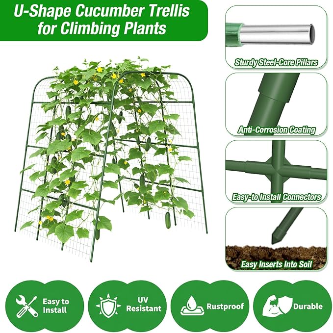 Cucumber Trellis for Raised Bed 48" L x 64" H, U-Shape 16mm Heavy-Duty Metal Garden Trellis for Climbing Plants Outdoor, Vegetable Arch Support Frame for Tomato Pea Zucchini Grape Flowers Vines