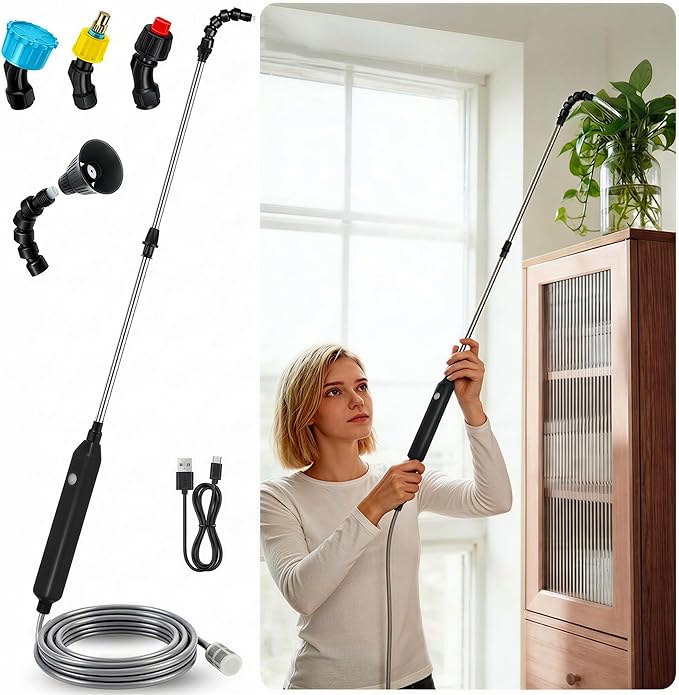 Electric High Reach Plant Waterer - Type C Wireless Hanging Plant Waterer, Battery Powered Sprayer Wand with Stainless Steel Telescopic (25.6"-34"), Indoor Watering Devices
