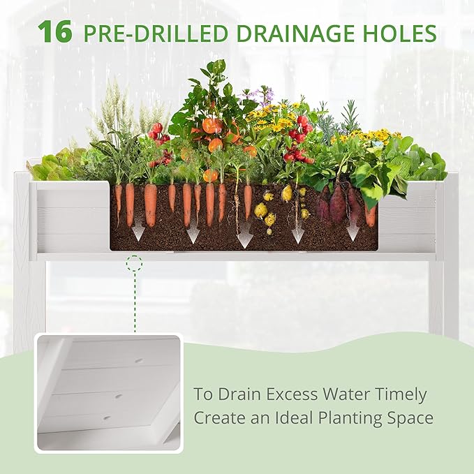 LUE BONA Raised Garden Bed with Tools, 45*18*29 in, Poly Elevated Planter Box with Legs And Storage Shelf, Weather Resistant, 3-Year Warranty, Standing Growing Bed Herb Planter for Vegetable, White