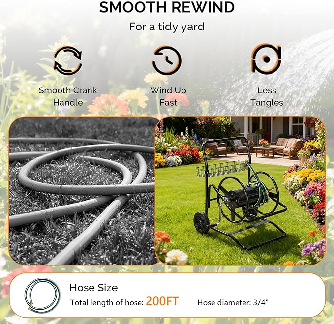VINGLI 2-Wheel Garden Hose Reel Cart, Freestanding Water Hose Reel for Outside with Heavy Duty Portable Rolling Design Metal, 200FT Capacity for 3/4" Hose for Outdoor Use (Black)