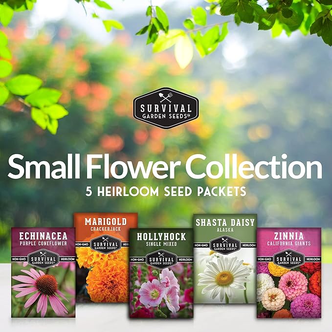 5 Flower Seed Collection for Planting – Zinnia, Marigold, Coneflower, Daisy & Hollyhock – Heirloom Non-GMO Pollinator & Cut Flower Garden Gift Pack | Survival Garden Seeds