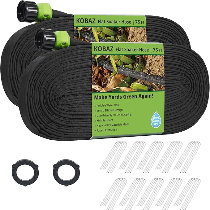 Flat Soaker Hose 150 ft, Drip Sprinkler Hoses with Stakes for Garden Beds, Lawns, and Orchards, Save 70% Water Leakproof Double Layer Design (75ft ×2P)