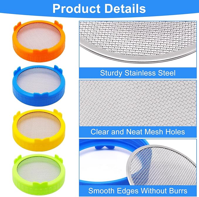 4Pcak Sprouting Lids for Mason Jars, 86mm Wide Mouth Canning Jar Stainless Steel Mesh Screen Strainer Lid for Bean Sprouts Grow Kit - 4 colors