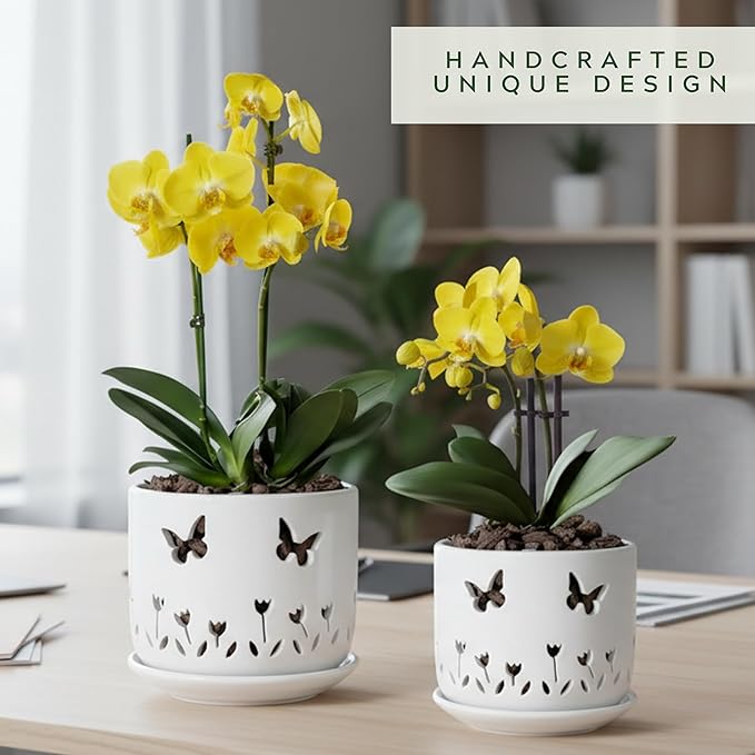 2 Pack, 5 + 6 Inch White Orchid Pots with Butterflies and Tulips Holes and Saucer, Ceramic Orchid Planters for Repotting with Drainage Holes and Tray Indoor Outdoor, Butterfly Gift