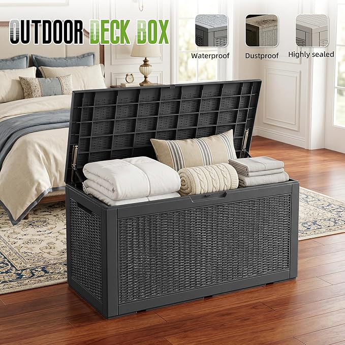 120 Gallon Outdoor Storage Deck Box Waterproof Resin Lockable Outside Bench Porch Patio Furniture Pool Float Garden Tool Cushion UV Resistant Bin Black