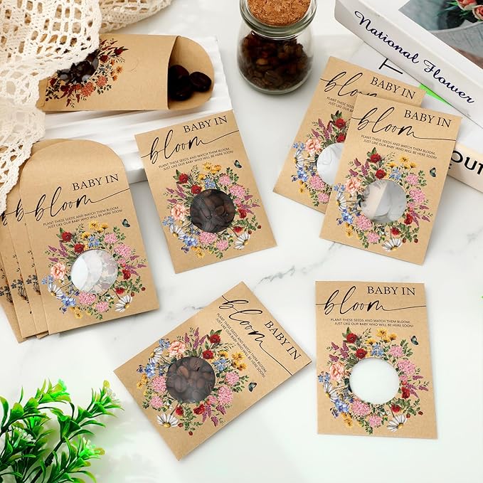 50Pcs Wildflower Seed Packets Baby in Bloom Kraft Envelopes with Window Resealable Rustic Floral Seed Storage Pockets for Garden Office Party Favors Supplies, 2.8 x 3.9 inch
