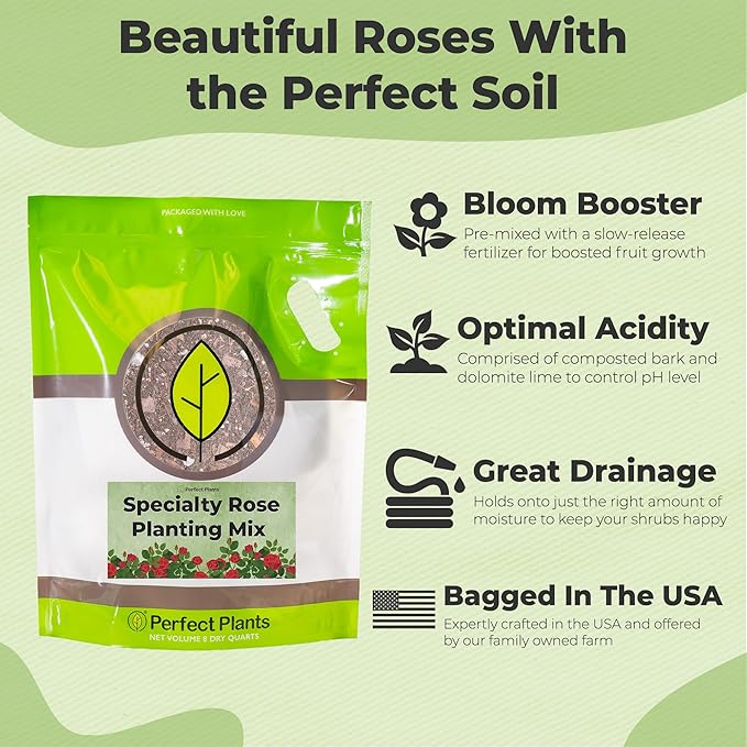 Specialty Rose Planting Mix by Perfect Plants | Premium Nutrients for Flowering Roses Such as Drift, Knockout, and Heirloom (8qt)