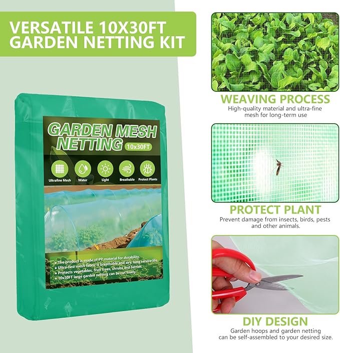 Garden Mesh Netting Kit, 10x30FT Green Ultra Fine Mesh Netting ＆6 Sets of 8FT Fiberglass Garden Hoops for Raised Beds, Insect Netting Row Cover Net Protect Plants Vegetable Fruits Flowers