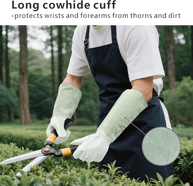 Leather Gardening Gloves – Goatskin Palm & Cowhide Cuff, Thorn-Resistant Long Garden Work Gloves