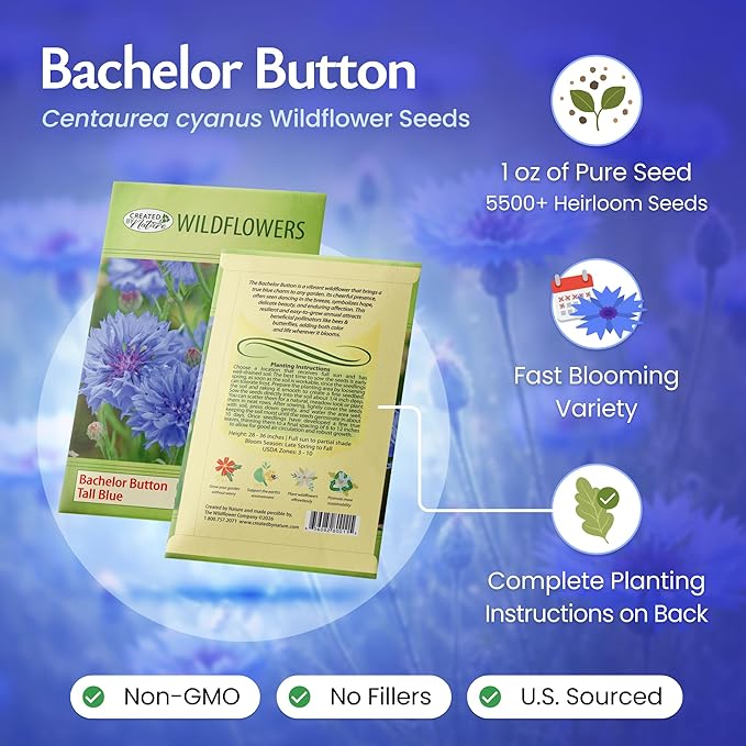 Created By Nature, Bachelor Button Seeds Tall Blue, Cornflower Seeds, Non-GMO and Pollinator-Friendly, 5,562 Annual Wildflower Seeds, Covers 325 sq. ft. (Centaurea cyanus)
