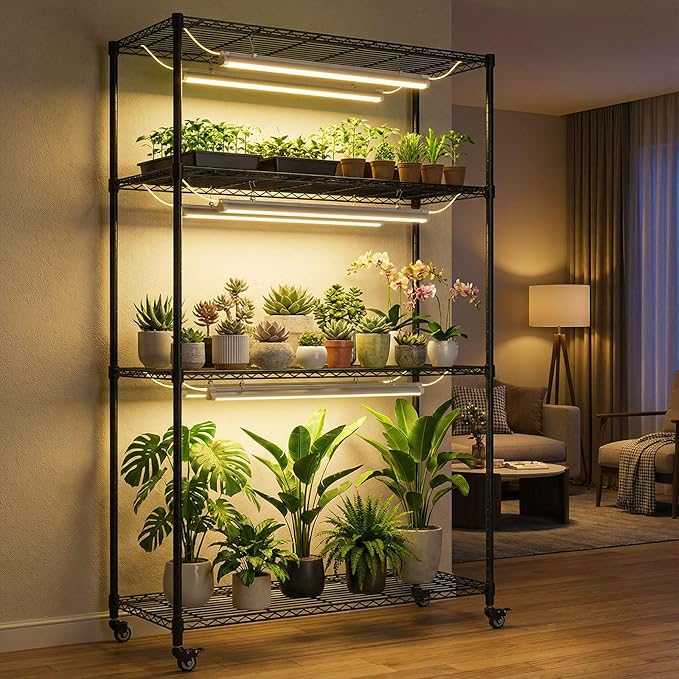 Indoor Greenhouse with Grow Light, 4-Tier Enclosed Plant Stand for Year-Round Indoor Gardening, 600D Oxford Cloth Cover, 6 Sets 3-Color Grow Light, Timer Plug & Hygrometer, 36" Wx 14" D x 63" H