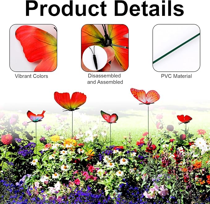 12pcs Decorative Butterfly Plant Stakes, 9.8in Lifelike Butterfly Garden Stakes PVC Waterproof Flower Pot Decorations for Garden Lawn Patio Indoor Outdoor Yard Planter Art Decor (Red)