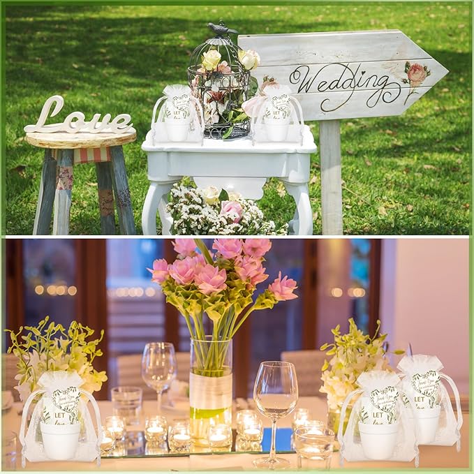 Ctosree 50 Sets Let Love Grow Wedding Favors for Guests Include Self Adhesive Seed Packets (Seed Not Include) White Flowerpot Thank You Tags and Organza Gift Bags for Bridal Shower Wedding Party Favor