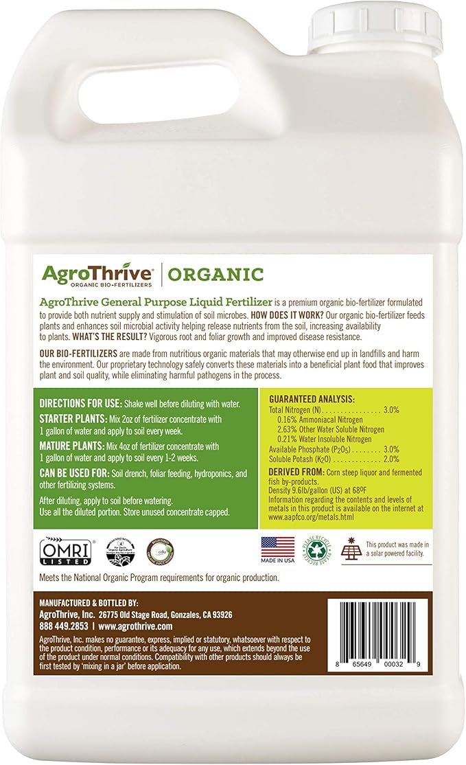 AgroThrive All Purpose Organic Liquid Fertilizer - 3-3-2 NPK (ATGP1320) (2.5 Gal) for Lawns, Vegetables, Greenhouses, Herbs and Everything Else that Grows