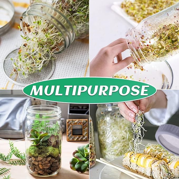 Kikerike Seed Sprouting Jar Kit with 2 Wide Mouth Mason Jars Bean Sprouts Growing Kit Microgreens Growing Jar with Mesh Screen Lids Sprouter Sprouts Maker for Growing Broccoli, Alfalfa, Mung Bean