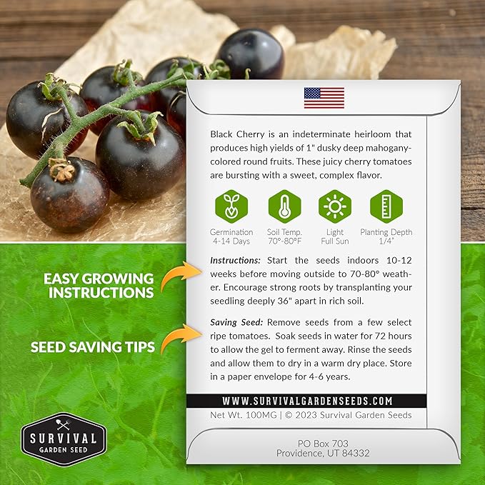 Black Cherry Tomato Seeds for Planting – Indeterminate Heirloom Non-GMO Variety – Grow High Yields of Deep Purple-Black Cherry Tomatoes with Sweet Rich Flavor – Survival Garden Seeds (1 Pack)