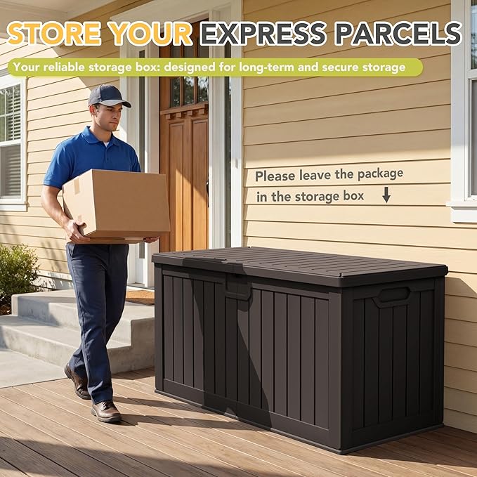 240 Gallon HDPE Deck Box Outdoor Indoor Waterproof Storage Box for Patio Furniture, Pool Accessories, Garden Tools, and Cushion Storage, Brown