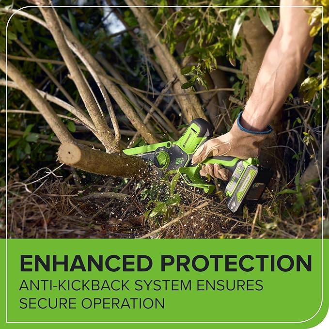 Greenworks 24V 6in BL Pruning Saw w/Auto Oiler, (1) 2.0Ah Battery & 2A Adapter Charger for Tree Trimming and Pruning