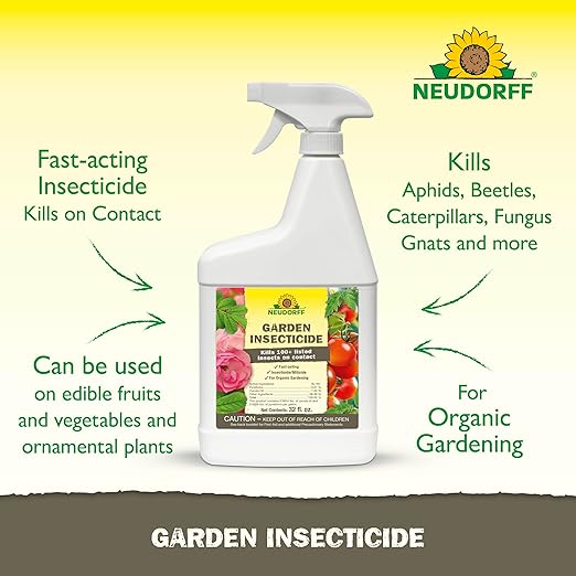 Neudorff Garden Insecticide Spray for Roses and Flowers, Kills Fruit Flies, Fungus Gnats, and 100+ Listed Insects on Contact for Organic Gardening, Contact Insecticide, Ovicide Spray (32 oz)