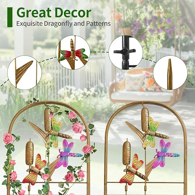 4 Pack Metal Garden Trellis with Colorful Dragonfly Outdoor Decoration Arched Fence Trellis for Climbing Plants for Patio, Backyard