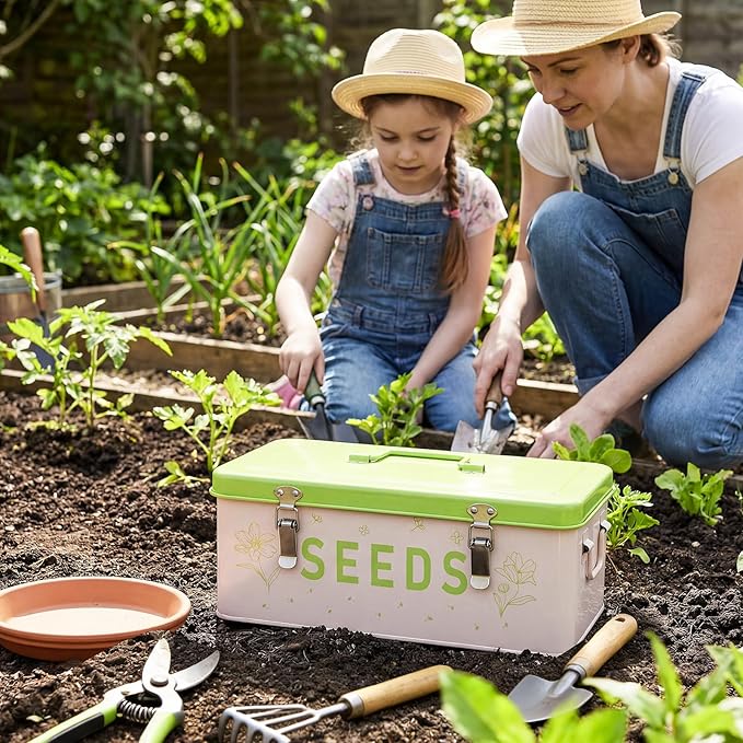 Seed Storage Organizer with Lid, Metal Seed Bin Seed Packet Container with 100 Plant Labels 50 Seed Envelopes 50 Plant Clips 1 Marker Pen, 4 Compartments Box with Locks (Fruit green)