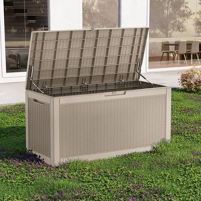 Outdoor Waterproof Resin Storage Deck Box Lockable Outside Bench UV Resistant Bin Patio Porch Furniture Pool Float Garden Tool Cushion (Grey, 120 Gallon)