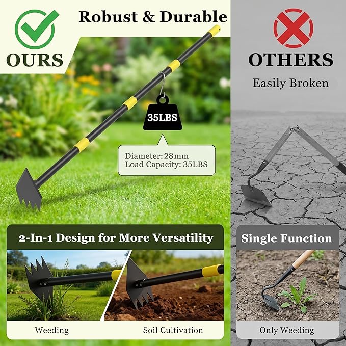 Heavy Duty Garden Hoe, 60" Adjustable Length Long Handle Hoe Garden Tool Weeding Tool for Grass Removal, Lawn Care, Soil Loosening & Cultivating
