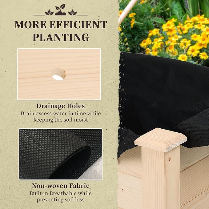 Outsunny Raised Garden Bed with Legs, 34" x 18" x 30", Elevated Wooden Planter Box, Self-Draining with Bed Liner for Vegetables, Herbs, and Flowers Backyard, Patio, Balcony Use, Natural