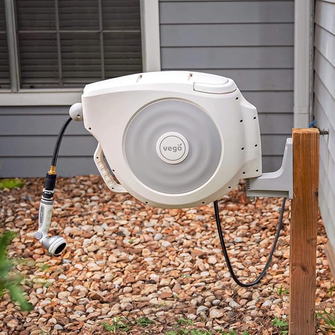 Garden Hose Reel Retractable 1/2" x 130ft Wall Mounted Hose Reel Automatic Rewind, Any Length Lock with 9 Patterns Sprayer Nozzle, Quick Connector and Adjustable shot Nozzle- Cloud White