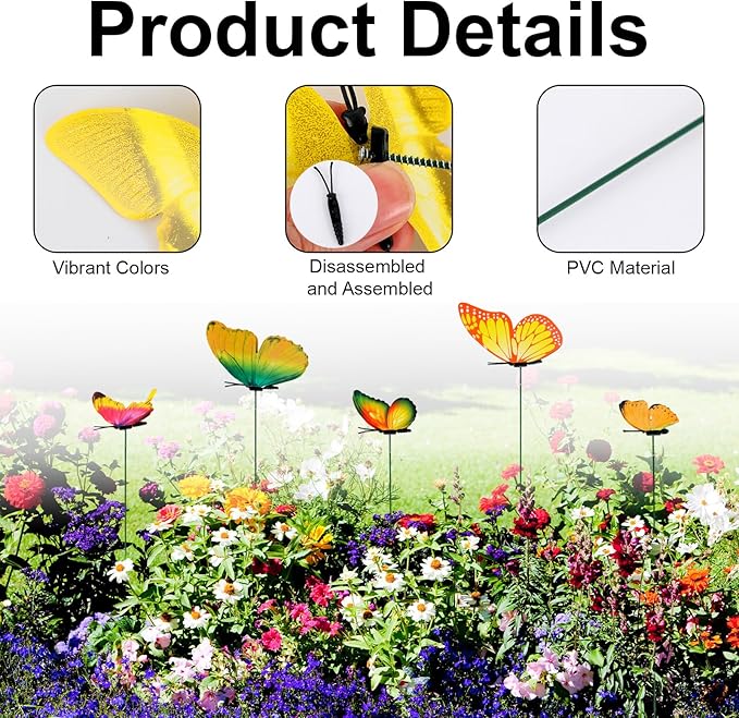 12pcs Decorative Butterfly Plant Stakes, 9.8in Lifelike Butterfly Garden Stakes PVC Waterproof Flower Pot Decorations for Garden Lawn Patio Indoor Outdoor Yard Planter Art Decor (Yellow)