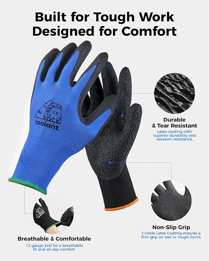 toolant Crinkle Latex Work Gloves Bulk, Rubber Coated Safety Work Gloves for Men and Women, 12 Pairs for Construction, Gardening, Warehouse (Black & Blue, Medium)