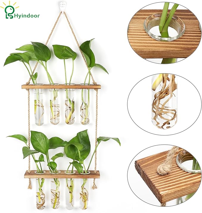 Wall Hanging Planter Terrarium 2 Tired Test Tube Vase Glass Planter Plant Propagation Station Plant Hangers of Rope with Wooden Stand and 8 Tubes for Hydroponic Plant Cutting