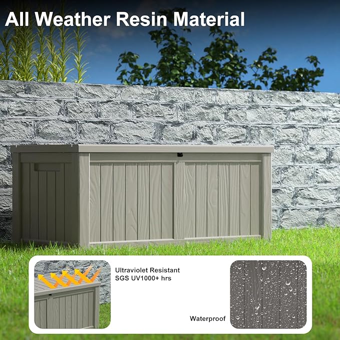 150 Gallon Deck Box,Resin Outdoor Storage Box with Lockable for Patio Furniture, Pool Accessories, Garden Tools Waterproof Outside Storage Box (Grey)