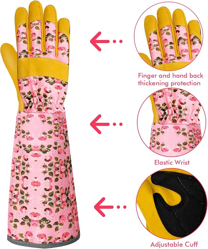 Long Gardening Gloves for Women Thorn Proof Leather Garden Gloves Breathable Working Gloves for Women Yard Outdoor