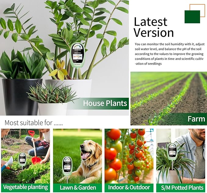 Soil Test Kit, 2-in-1 Soil Moisture Meter, Soil pH Meter -Dual Dial-Simultaneously-Display Results-Soil pH Tester, Moisture Meter for House Plants,Garden,Lawn,Farm Indoor&Outdoor-Green