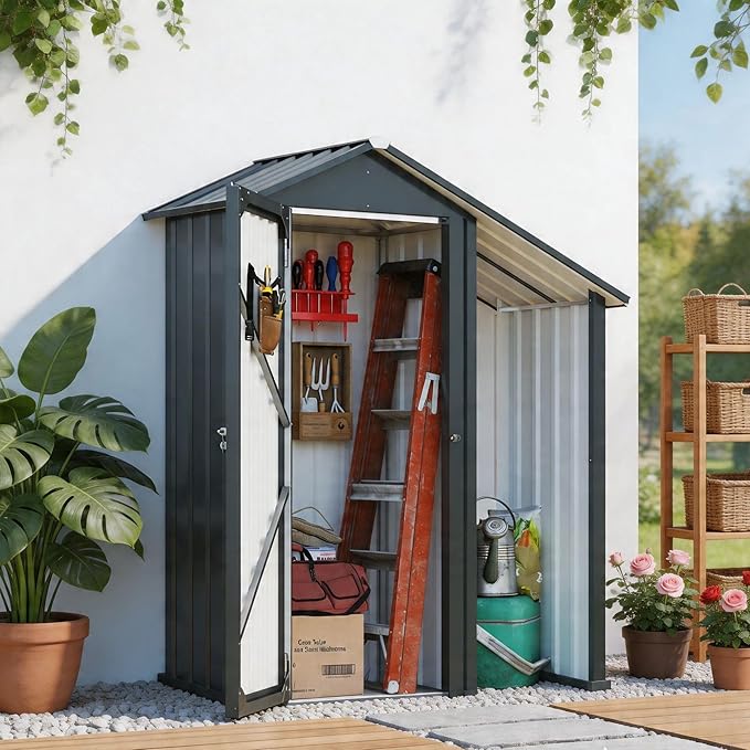 Waterproof 5'x2' Storage Shed with Open Firewood Rack, Heavy Duty 2-in-1 Lean-to Tool Storage Garden Cabinet with Internal Organizer Shelf, Lockable Door for Patio, Backyard, Lawn, Metal