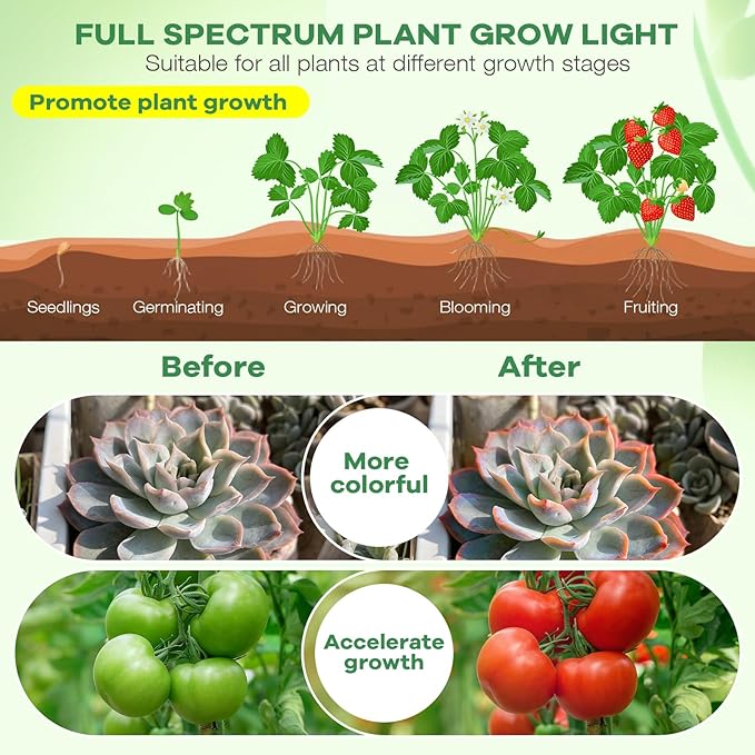 Led Grow Lights, 4 Heads Full Spectrum Plant Light with Clamp for Indoor Plants & Seed Starting, 10-Level Dimmable, Auto On Off, Timing 3 9 12Hrs