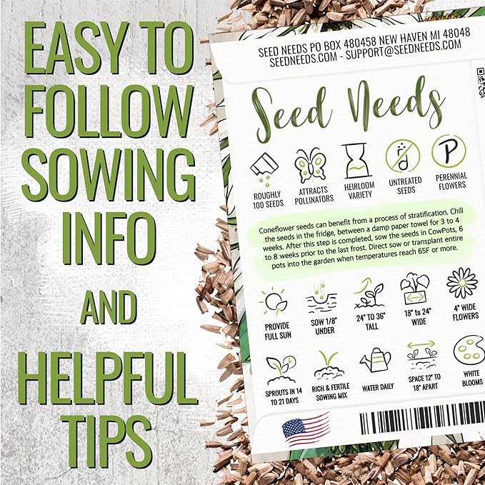 Seed Needs White Swan Coneflower Seeds for Planting Echinacea - Heirloom & Open Pollinated Perennial Flower - Attract Pollinators to a Butterfly Garden (5 Packs)