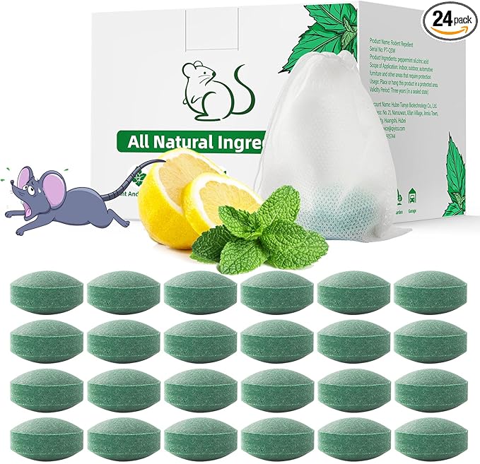 Mouse Rodent Repellent, 24 Pack Peppermint Oil for Mice, Mouse, Rats, Squirrel, Pest Control Indoor & Outdoor Use, Natural Deterrent Replace Trap Poisoning Family & Pet Safe Green