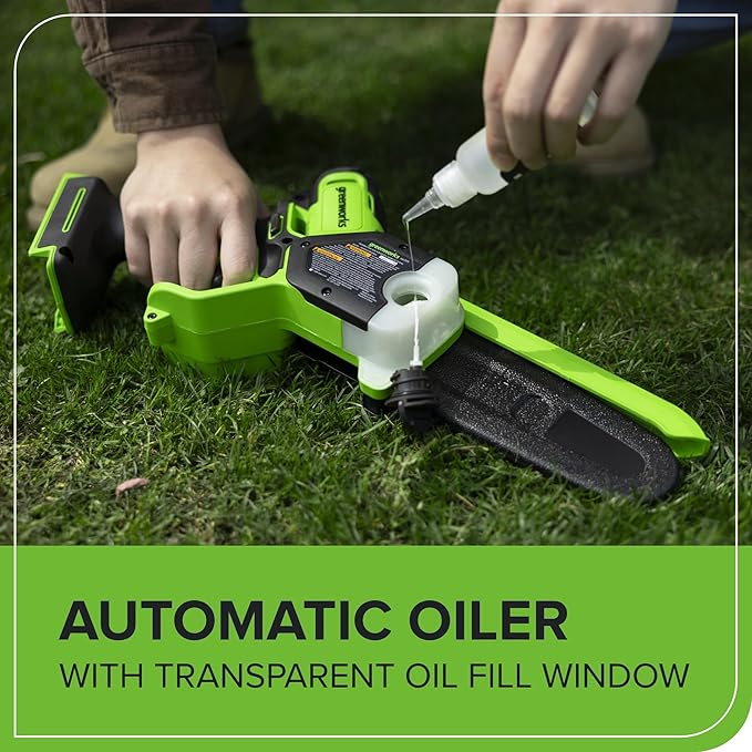 Greenworks 24V 6in BL Pruning Saw w/Auto Oiler, (1) 2.0Ah Battery & 2A Adapter Charger for Tree Trimming and Pruning
