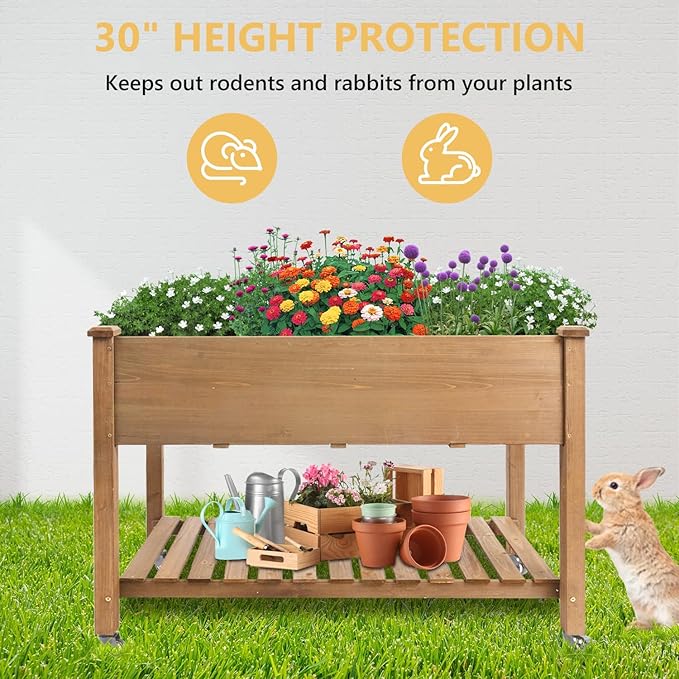 Raised Garden Bed with Wheel 48x24x30in, Elevated Wood Planter Box Can Grow Vegetables, Flowers and Herbs Suitable for Backyard, Patio, Balcony, Terrace, Veranda （Brown）