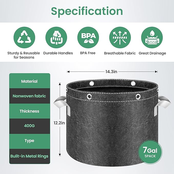 InfiniPower 5 Pack 7 Gallon Plant Grow Bags, 400G Thick Nonwoven Fabric Pots with Multi-Purpose Rings and Handles, Reusable for Low Stress Plant Training Fruits, Vegetables and Flowers